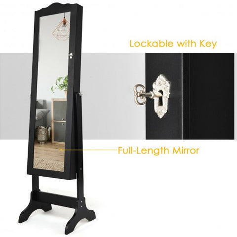 Mirrored Lockable Jewelry Cabinet Armoire Organizer Storage Box-Black