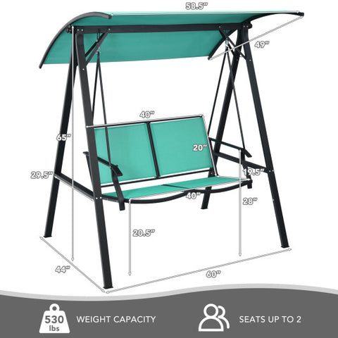 Outdoor Porch Steel Hanging 2-Seat Swing Loveseat with Canopy-Turquoise