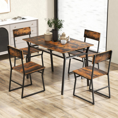 5 Piece Dining Table Set with Storage Rack and Metal Frame-Coffee