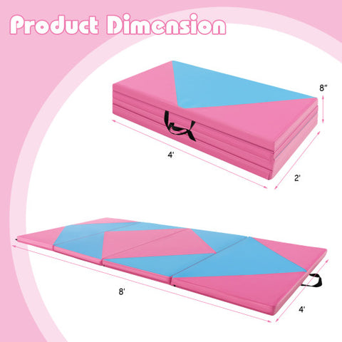 8 Feet PU Leather Folding Gymnastics Mat with Hook and Loop Fasteners-Pink & Blue