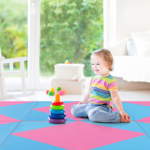 8 Feet PU Leather Folding Gymnastics Mat with Hook and Loop Fasteners-Pink & Blue