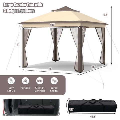 11 x 11 Feet 2-Tier Pop-Up Gazebo Tent Portable Canopy Shelter Carry Bag Mesh-Brown