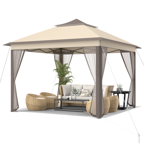 11 x 11 Feet 2-Tier Pop-Up Gazebo Tent Portable Canopy Shelter Carry Bag Mesh-Brown