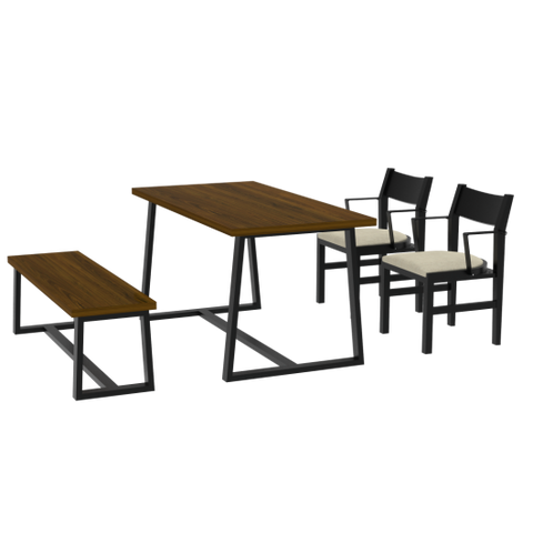 4-Person Dining Table Set with Chairs and Bench-Regular Design-Dark Wood-Beige