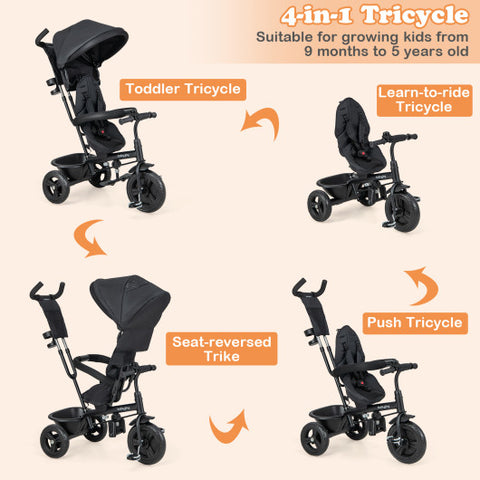 4-in-1 Baby Trike Kids Tricycle with Removable Canopy and Adjustable Push Handle-Black