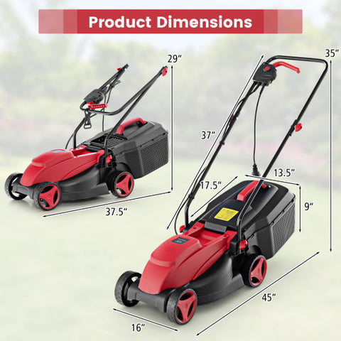 12-AMP 13.5 Inch Adjustable Electric Corded Lawn Mower with Collection Box-Red