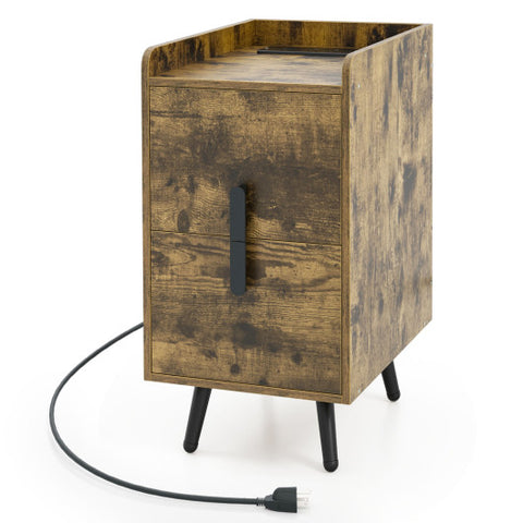 Nightstand Side Tables with 2 Drawers and 2 USB Ports-Rustic Brown