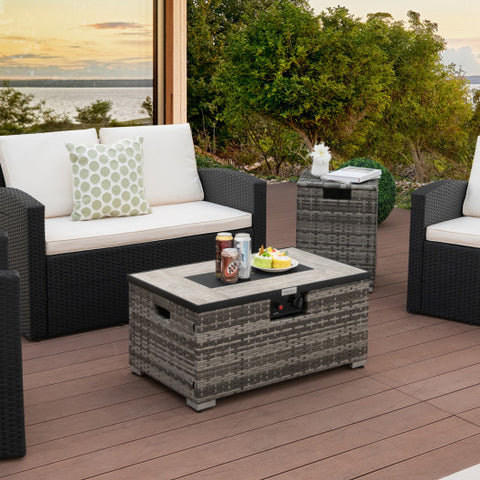 32 x 20 Inch Propane Rattan Fire Pit Table Set with Side Table Tank and Cover-Gray