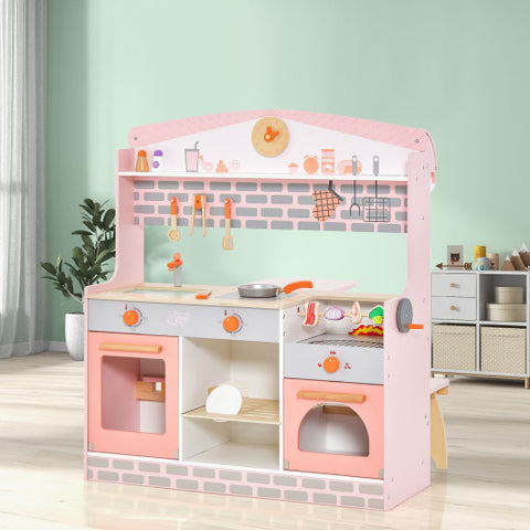 Double-Sided Kids Play Kitchen Set with Canopy and 2 Seats