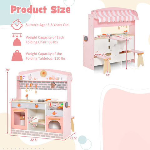 Double-Sided Kids Play Kitchen Set with Canopy and 2 Seats