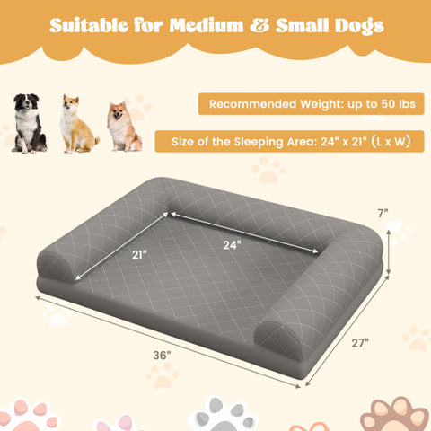 Egg-Foam Dog Crate Bed with 3-Side Bolster and Removable Washable Bed Cover-Gray