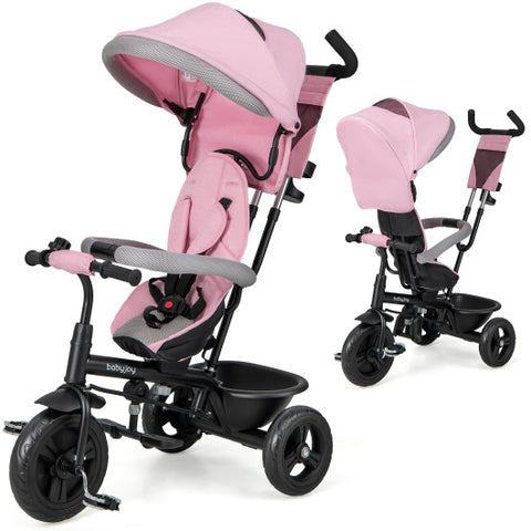 4-in-1 Baby Trike Kids Tricycle with Removable Canopy and Adjustable Push Handle-Pink