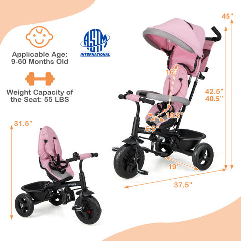 4-in-1 Baby Trike Kids Tricycle with Removable Canopy and Adjustable Push Handle-Pink