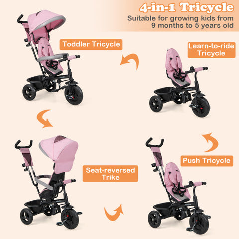 4-in-1 Baby Trike Kids Tricycle with Removable Canopy and Adjustable Push Handle-Pink