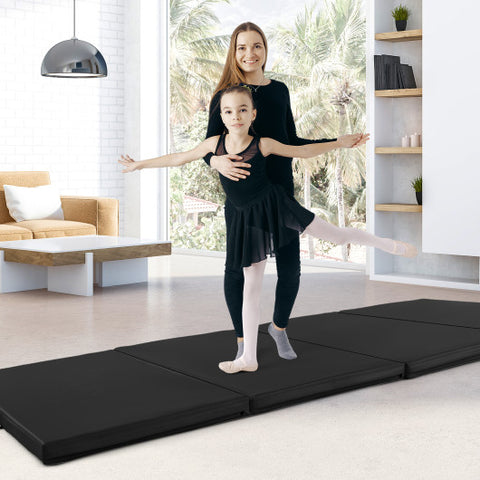 4-Panel PU Leather Folding Exercise Mat with Carrying Handles-Black