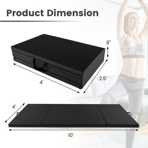 4-Panel PU Leather Folding Exercise Mat with Carrying Handles-Black