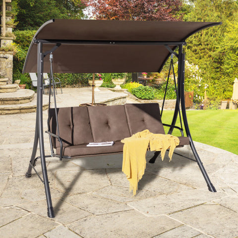 3-Seat Outdoor Porch Swing with Adjustable Canopy and Padded Cushions-Brown