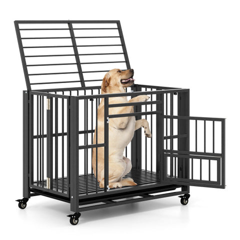 Foldable Heavy-Duty Metal Dog Cage Chew-proof Dog Crate with Lockable Universal Wheels