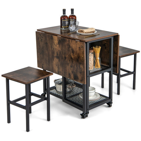 Drop Leaf Expandable Dining Table Set with Lockable Wheels-Brown