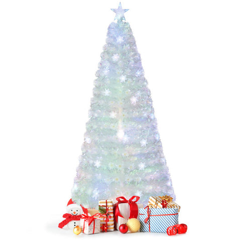 5/6/7 Feet Pre-Lit White Artificial Christmas Tree with Iridescent Leaves-7 ft