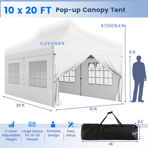 10 x 20 FT Pop up Canopy with 6 Sidewalls and Windows and Carrying Bag for Party Wedding Picnic-White