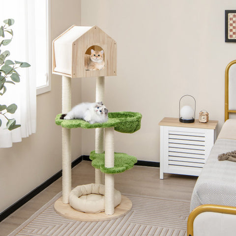 55 Inch Tall Cat Climbing Stand with Sisal Scratching Posts and Soft Cat Bed for Indoor Kittens-Green