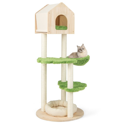 55 Inch Tall Cat Climbing Stand with Sisal Scratching Posts and Soft Cat Bed for Indoor Kittens-Green