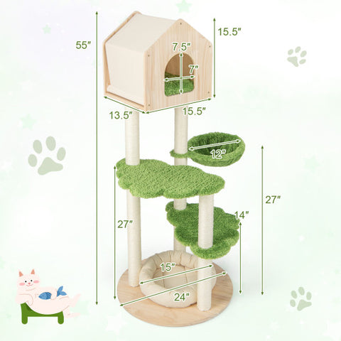 55 Inch Tall Cat Climbing Stand with Sisal Scratching Posts and Soft Cat Bed for Indoor Kittens-Green