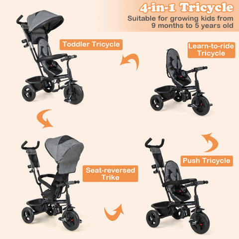 4-in-1 Baby Trike Kids Tricycle with Removable Canopy and Adjustable Push Handle-Gray