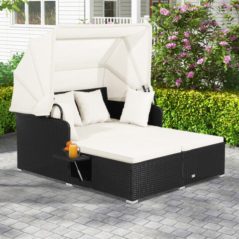 Patio Rattan Daybed with Retractable Canopy and Side Tables-Off White