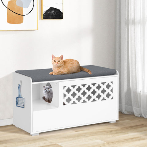 Cat Litter Box Enclosure with Removable Cushion and Front Open Door-White