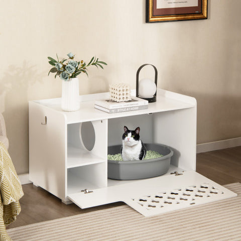 Cat Litter Box Enclosure with Removable Cushion and Front Open Door-White