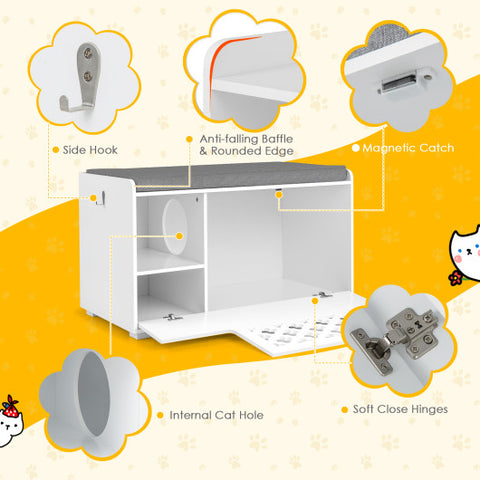 Cat Litter Box Enclosure with Removable Cushion and Front Open Door-White