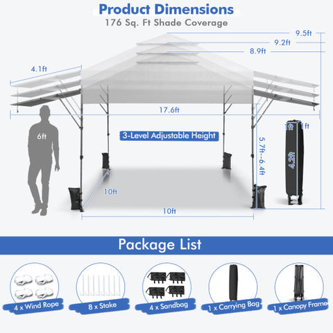 10 x 17.6 Feet Outdoor Instant Pop-up Canopy Tent with Dual Half Awnings-White