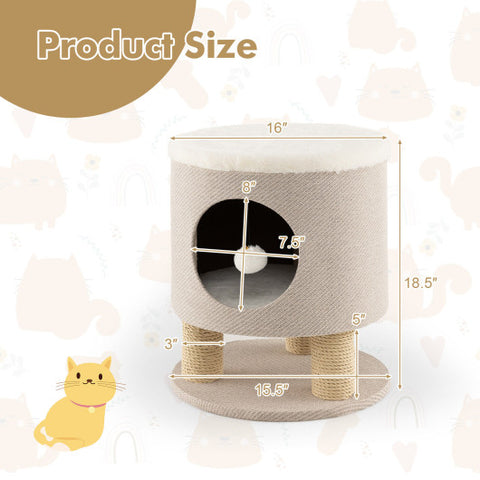 3-in-1 Cat Condo Stool Kitty Bed with Scratching Posts and Plush Ball Toy-Beige