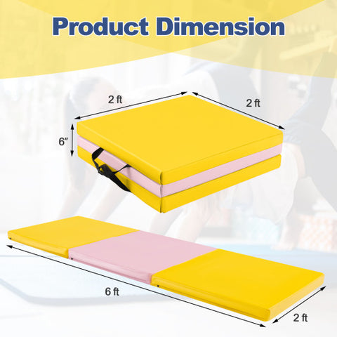 6 x 2 FT Tri-Fold Gym Mat with Handles and Removable Zippered Cover-Yellow