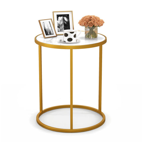 16 Inch Marble Top Round Side Table with Golden Metal Frame for Living Room Bedroom-1 Piece