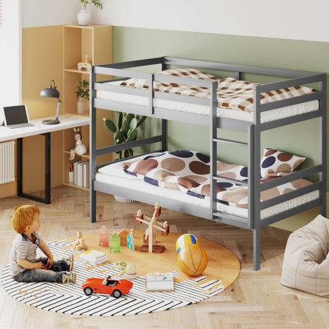 Twin Size Sturdy Wooden Bunk Beds with Ladder and Safety Rail-Gray