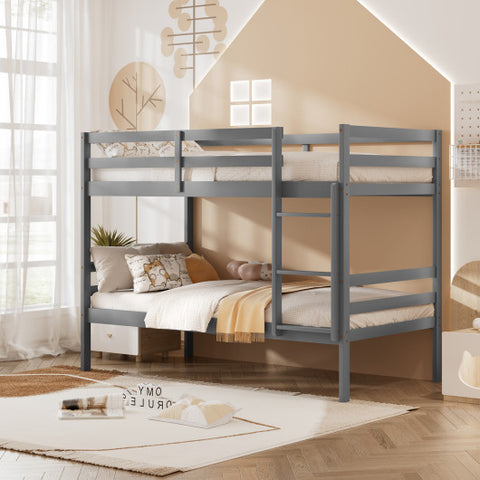 Twin Size Sturdy Wooden Bunk Beds with Ladder and Safety Rail-Gray