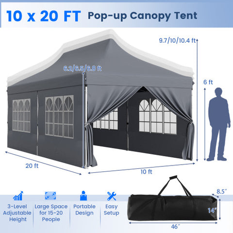 10 x 20 FT Pop up Canopy with 6 Sidewalls and Windows and Carrying Bag for Party Wedding Picnic-Gray