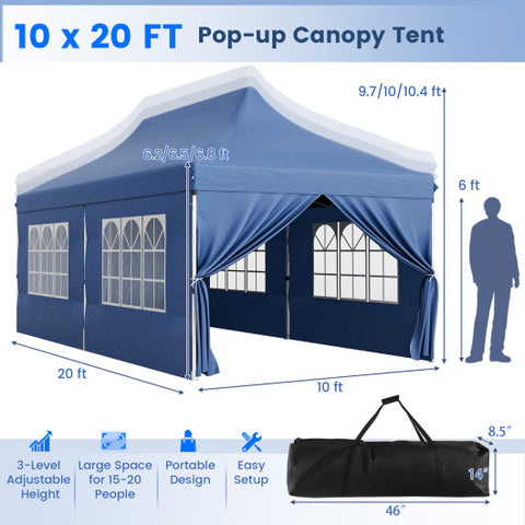 10 x 20 FT Pop up Canopy with 6 Sidewalls and Windows and Carrying Bag for Party Wedding Picnic-Blue