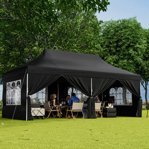 10 x 20 FT Pop up Canopy with 6 Sidewalls and Windows and Carrying Bag for Party Wedding Picnic-Black