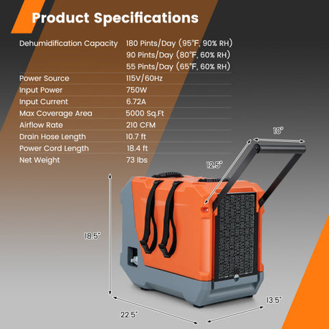 180 Pints/Day Commercial Dehumidifier with Pump and Drain Hose-Orange