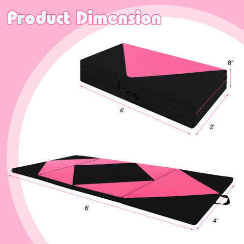 8 Feet PU Leather Folding Gymnastics Mat with Hook and Loop Fasteners-Heart Pink