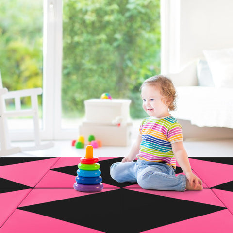 8 Feet PU Leather Folding Gymnastics Mat with Hook and Loop Fasteners-Heart Pink