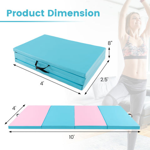 4-Panel PU Leather Folding Exercise Mat with Carrying Handles-Pink & Blue