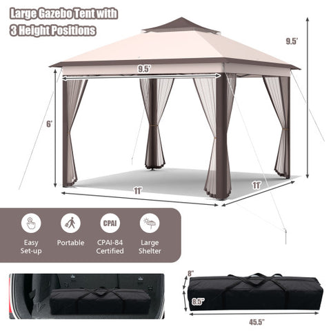 11 x 11 Feet 2-Tier Pop-Up Gazebo Tent Portable Canopy Shelter Carry Bag Mesh-Beige