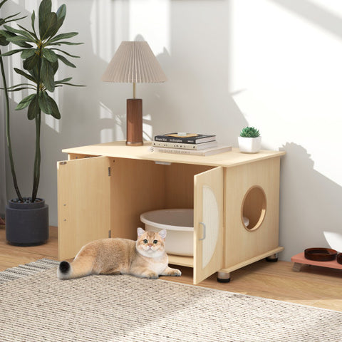 Cat Litter Box Enclosure with Sisal Scratching Doors and Adjustable Metal Feet-Natural