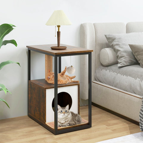 Cat Furniture End Table Cat House with Scratching Post-Rustic Brown