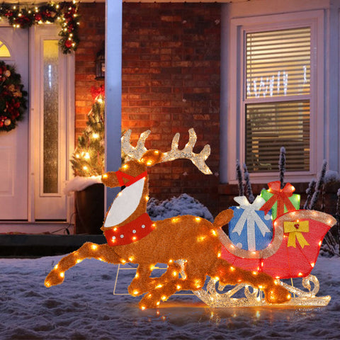 Lighted 2D Christmas Reindeer and Sleigh Decoration for Lawn Front Door Home